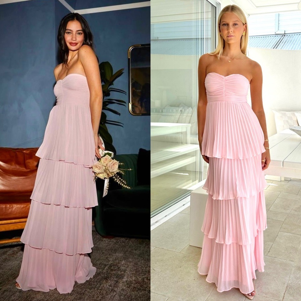 LULUS Strapless Sweetheart Neck Pleated Chiffon Tier Ruffle Balletcore Gown L